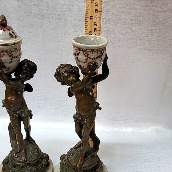 Pair Of Vintage Beautiful Bronze Signed Asian Cherub Sculptures - Picture 14 of 15